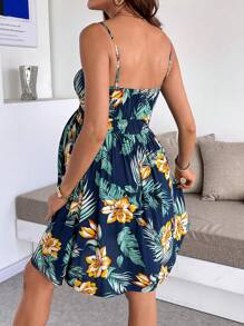 SHEIN 孕妇热带印花无袖休闲连衣裙，度假风格孕妇装 - 藏蓝色 - 查看 2