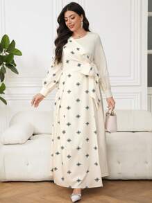 Veilorie Plus Size Elegant Print Patchwork Tie-Up Wrap Dress - Apricot - View 5