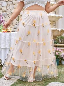 SHEIN VCAY Plus Size Women's Elastic Waist Mesh Embroidery Patchwork A-Line Skirt,Beige,Summer,Boho,Vacation,Wedding Guest,Holiday, Floral Garden Brunch - Beige - View 4