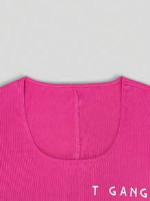 INAWLY 大码长袖字母印花休闲连体裤 - 玫紅色 - 查看 5