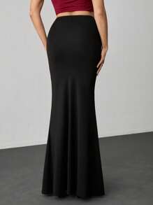 SHEIN Tall Women's Elastic Waist Extra Long Mermaid Skirt, Elegant Solid Color - Black - View 2