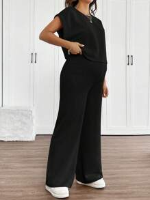 SHEIN 杏色针织宽松蝙蝠袖上衣和裤子套装，孕妇休闲宽松杏色蝙蝠袖 T 恤裤女两件套服装，春夏，休闲日常穿着 - 黑色 - 查看 7