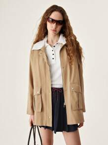 SHEIN Unity Women's Plain Long Sleeve Zippered Front Pocket Casual Jacket For Autumn - Khaki - View 3
