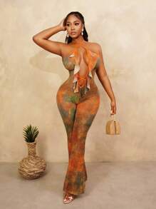 BamGleam Women's Tie-Dye Print Ruffled Openwork Backless Halter Jumpsuit - Multicolor - View 1