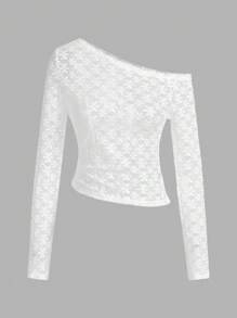 SHEIN Essnce 2025 女式透明蕾丝不对称肩部 T 恤，夏季音乐节上衣，白色透视修身上衣，长袖波西米亚风时尚休闲必备 - 白色 - 查看 1