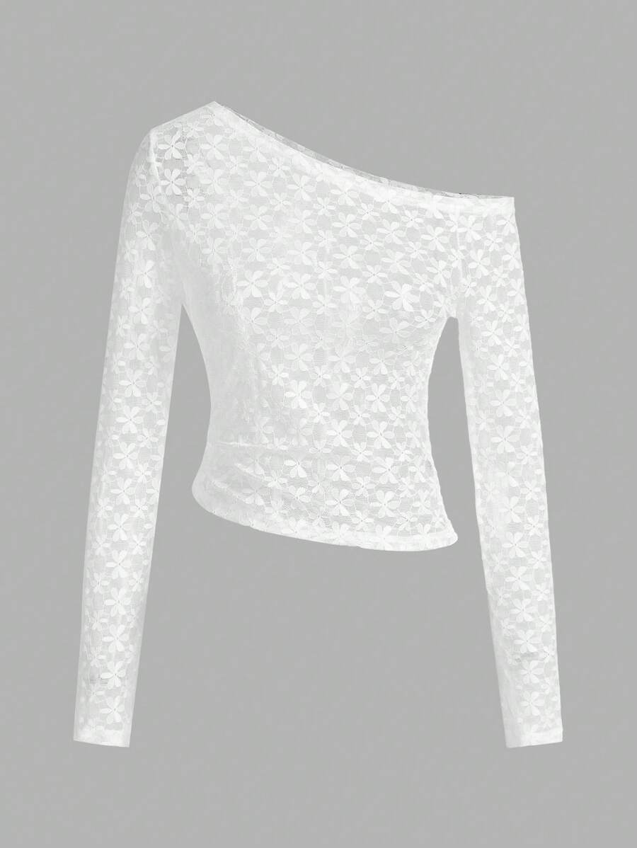SHEIN Essnce 2025 女式透明蕾丝不对称肩部 T 恤，夏季音乐节上衣，白色透视修身上衣，长袖波西米亚风时尚休闲必备 - 白色 - 查看 1