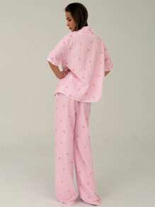 Aloruh Elegant Cute Striped Bow Print Simple Commuting & Home Office Versatile Shirt And Straight Leg Pants Set,Summer Sets - Pink - View 2