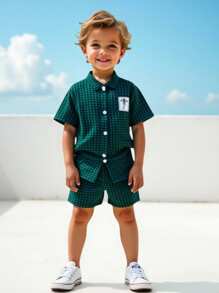 SHEIN Young Boy Gingham Button Up Shirt & Shorts - Dark Green - View 3