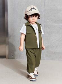 SHEIN 3pcs Baby Boy/Girl Olive Green Vest,Short Sleeve T-Shirt And Pants Set,Autumn Street Life Casual Graphic Street Fashion,Vacation Soft Sporty Outfit - Green - View 4