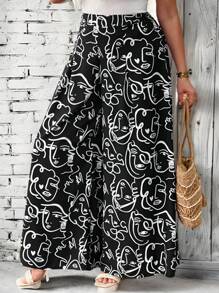 SHEIN LUNE Plus Size Casual Allover Print Wide Leg Pants - Black - View 5