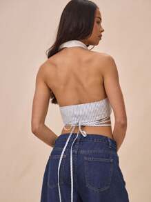 MUSERA Open V-Neck Button Detail Striped Strappy Tie Waist Bralette Spring Summer Vacation Cute Fall