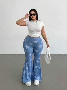 Flirla Plus Size Front Button Pocket Five-Pointed Star Print Simple Casual Pants, Everyday Wear - Multicolor - View 3