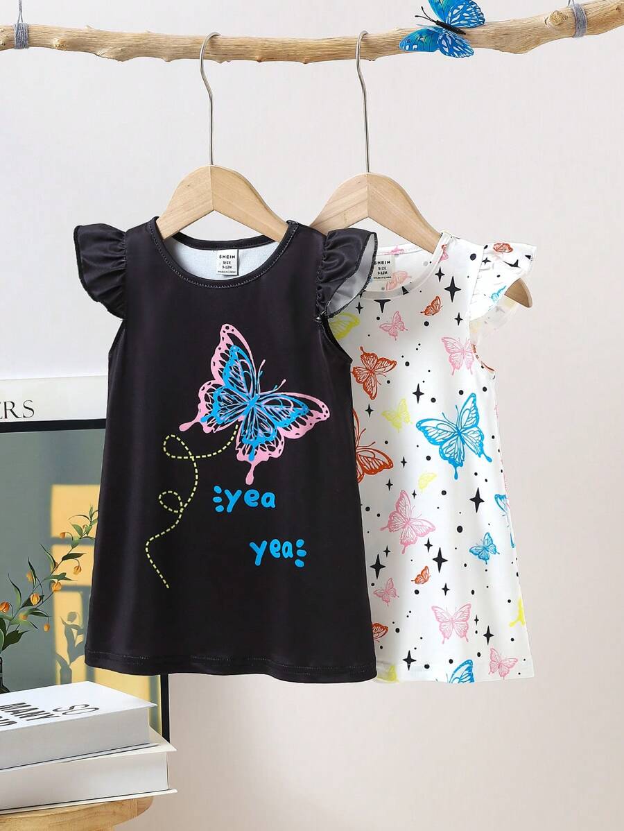 SHEIN Baby Girl Cute Butterfly Print Round Neck Cap Sleeve Dress - Multicolor - View 1