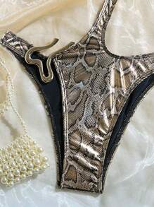 SHEIN Swim Costum de baie dintr-o bucată, sexy, cu imprimeu de piele de șarpe, decolteu asimetric, fără sârmă, croială înaltă, cu gol, pentru femei
