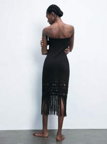 Maija Black Tassel Crochet Hemline Sweater Dress For Women, Strapless, Minimalist Design, Suitable For Summer, St. Patrick's Day, Spring Break, Easter - Black - View 6