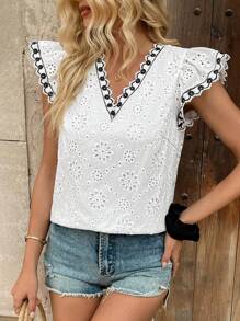 Breezaya Women's Casual Vacation Elegant Cute Faux Linen Eyelet Embroidery Ruffle V-Neck Spliced Lace Trim Cap Sleeve Loose Cap Sleeve Blouse, Spring/Summer Romantic Elegant Concert Going Out Tops Boho Concert Women White And Black Contrast Blouse