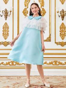 2pcs/Set Teen Girl Tiered Mesh Shawl Collar Beaded Sleeveless Satin Dress