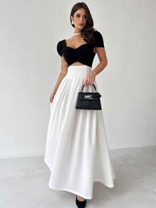 Firerie 女士优雅、精致、浪漫、时尚魅力、日常、通勤、派对、婚礼嘉宾、节日甜心领腰部镂空泡泡袖黑白撞色高腰褶皱 A 字裙 - 黑與白 - 查看 6