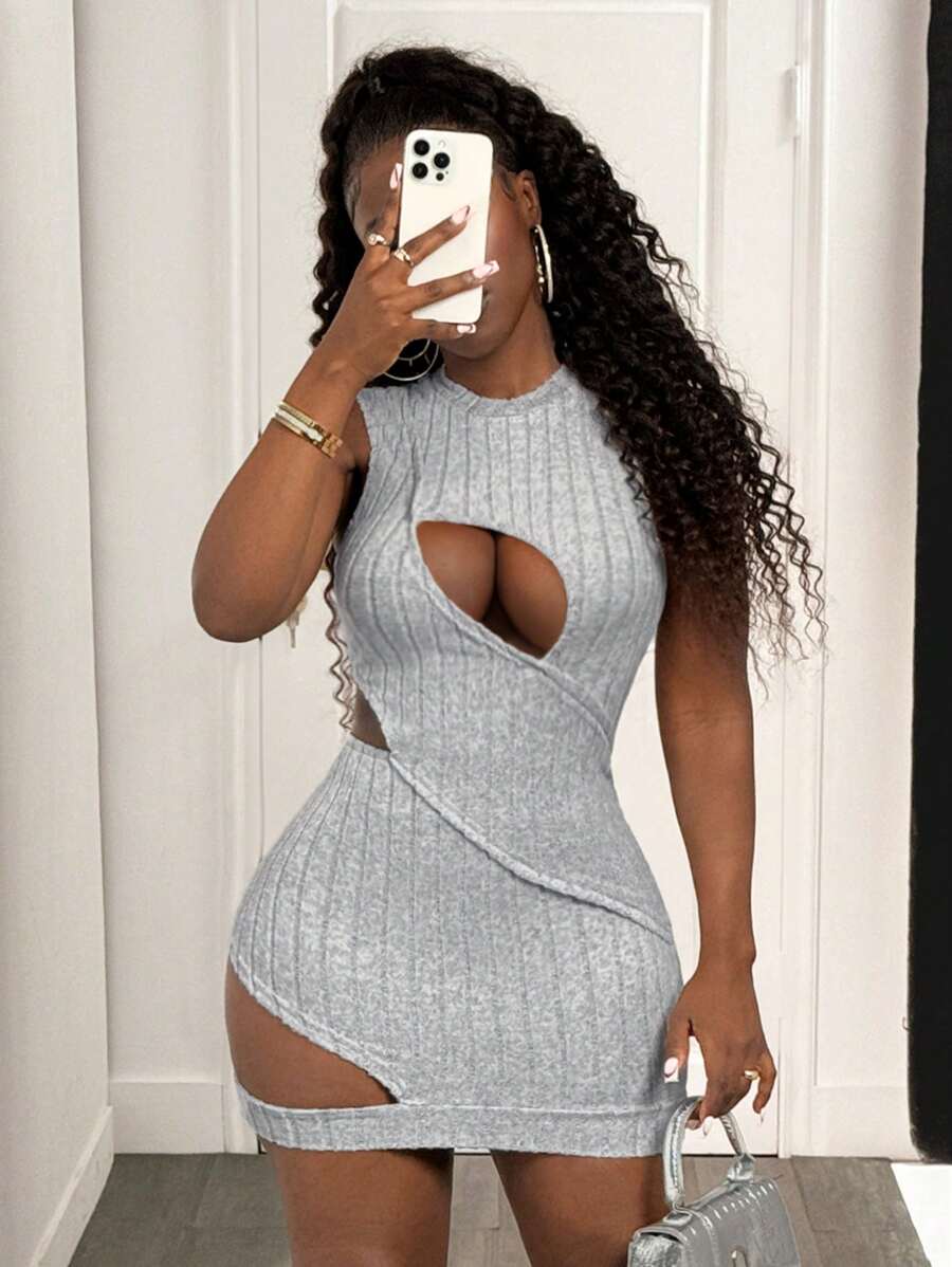 BamGleam Vestido mini sexy de escote redondo con recorte frontal y parches - Gris - Ver 1