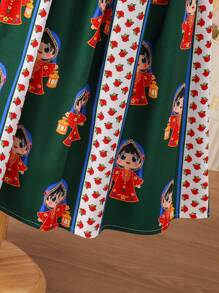 SHEIN Tween Girls Metallic Ditsy Floral Overdyed Rose Pattern Abaya Kaftan Jalabiya For Festival Tween Girls Native Wear, Maxi Skirt With Ruffle Bib, Comfortable Knit With Metallic Trim, Paired With Ruffle Layer Skirt Two Pieces Set