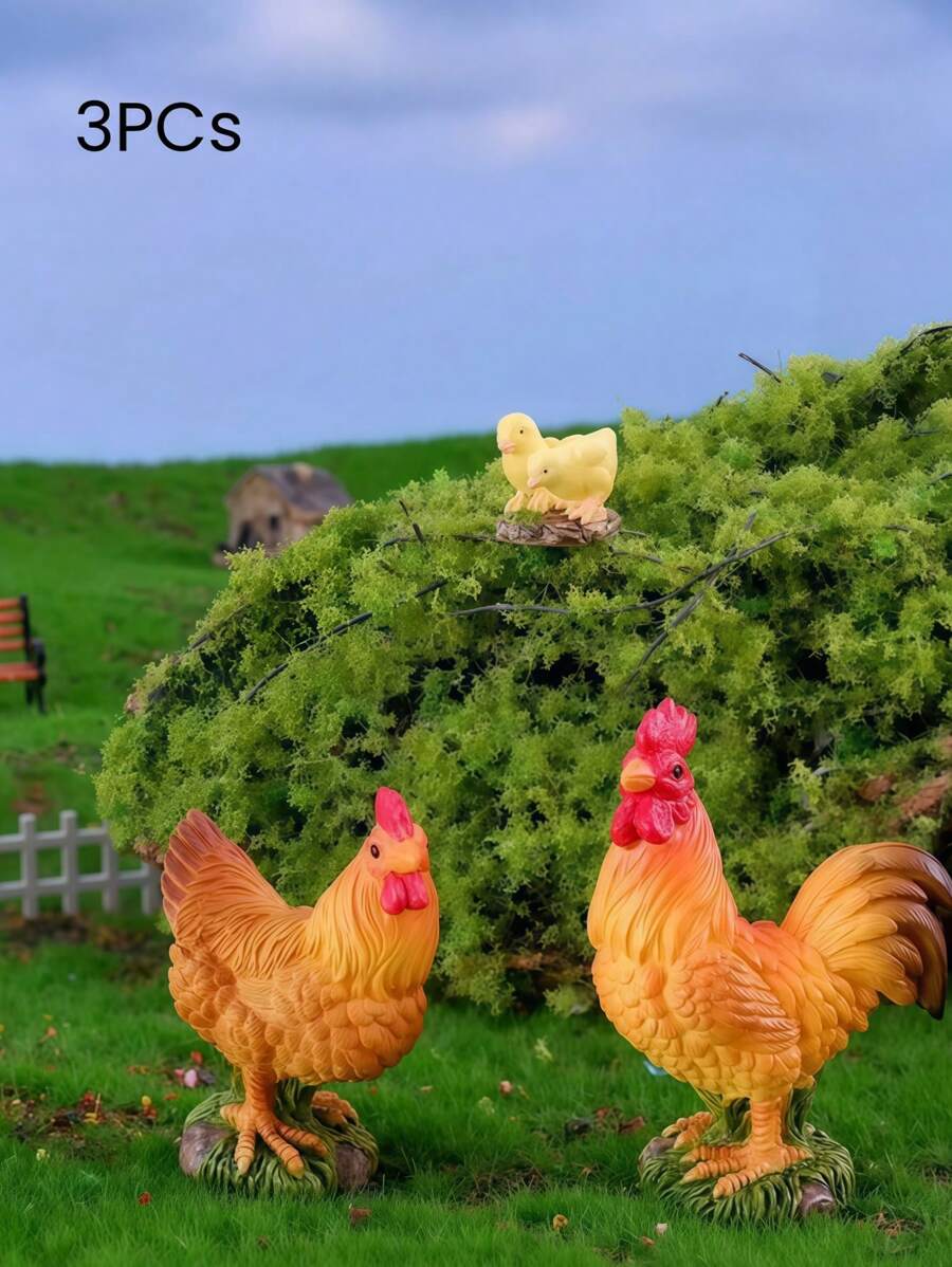 3 件套微型鸡装饰套装，1 只公鸡 + 1 只母鸡 + 1 只小鸡，大公鸡微景观树脂装饰，苔藓装饰，迷你装饰，DIY 景观卡通母鸡和小鸡配件
