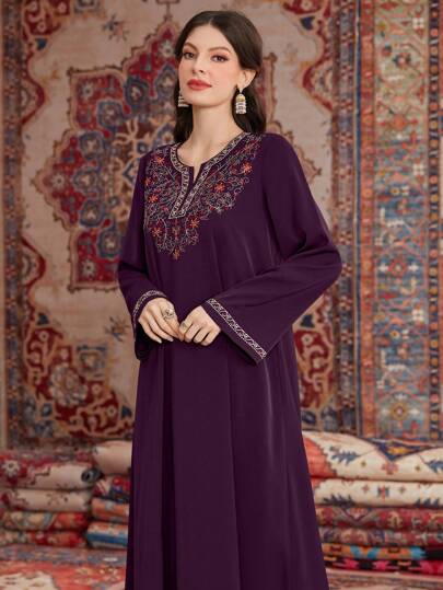 Al Najma Váy dài tay thêu hoa văn Ả Rập cổ chữ V cho nữ, dáng rộng, Kaftan giản dị