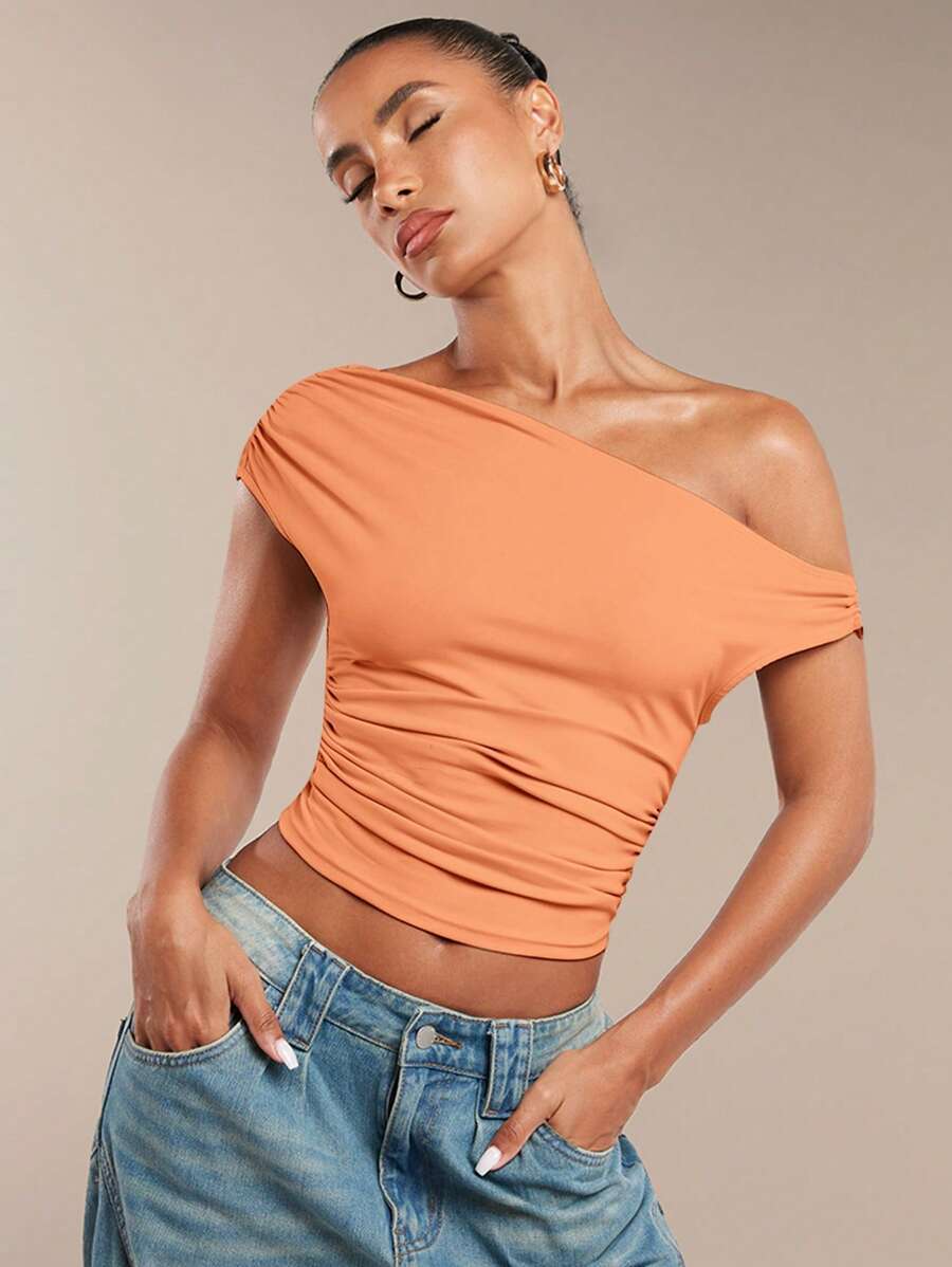 SHEIN BAE Women Spring Summer Asymmetric Ruched Asymmetric Neck Solid Top - Coral Orange - View 1