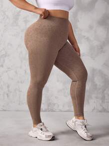 SHEIN Sports Plus Size Women Leopard Print High Waist Seamless Sports Leggings - Camel - View 2