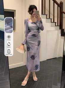 DAZY 2pcs Women Floral Print Mesh Long Sleeve Top And Dress Set, Minimalist