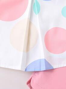 2 件套幼儿女孩可爱波尔卡圆点印花蝴蝶结装饰荷叶边上衣和短裤套装，适合夏季外出、度假和日常穿着