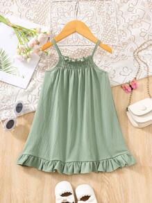 SHEIN Vintaside Kids Baby Girl Cute Casual Minimalist Fresh Rural Style Loose Comfortable Soft Ruffled Hem Design Relaxed Fit Spaghetti Strap Green Dress, Suitable For Spring/Summer Home Or Vacation, High Cost-Effective - Green - View 4