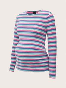SHEIN 2 chiếc/Bộ Áo thun bà bầu cổ đứng tay dài có gân sọc cầu vồng, Áo thu cho nữ - Nhiều màu - Xem 10