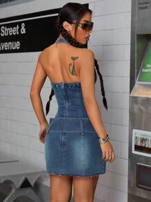 SHEIN ICON Women's Casual Denim Sleeveless Short Wrap Waist Tie Bodycon Slit Dress