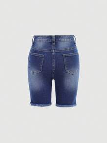 SHEIN Girlism Tween Girls' Y2K Spring Summer Break Solid Washed High Stretch Distressed Ripped Denim Long Shorts With Frayed Hem And Pockets,Girls Denim Skinny Biker Shorts,Stylish Casual Jeans Shorts,Tween Girl Boho Holiday Concert Outfit Rave Outfits Festival