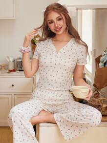 SHEIN Pigiama a 2 pezzi per ragazze adolescenti, composto da top a maniche corte con scollo a V e pantaloni, in tessuto minimale e colorato con motivo farfalla, confortevole e ignifugo