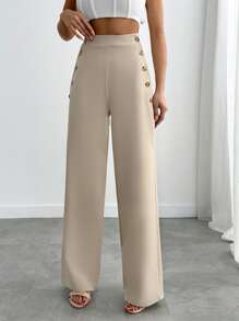 EURMUSE Casual Style, Button Side Detailed Straight Fit Pant - White - View 4