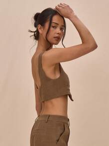 MUSERA Square Neck Button Up Extreme Cropped Waistcoat For Springs Summer Tops Cute - Brown - View 3