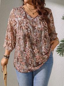 EMERY ROSE Plus Size Women's Elegant Chiffon Random Print 3/4 Sleeve Blouse - Multicolor - View 3