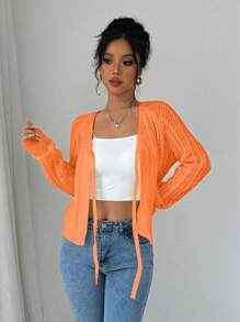 Chiquease Französischer lässiger vielseitiger Weizenähren-strukturierter Vorder-Schleife Cardigan mit Langarm Strickpullover für Frauen