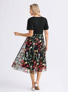 Miaspire Vestido Midi Elegante com Babados na Manga, Decote em V, Tule Contrastante e Bordado, Adequado para Ocasião de Casamento, Primavera/Verão