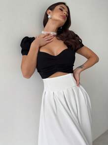 Firerie 女士优雅、精致、浪漫、时尚魅力、日常、通勤、派对、婚礼嘉宾、节日甜心领腰部镂空泡泡袖黑白撞色高腰褶皱 A 字裙 - 黑與白 - 查看 8