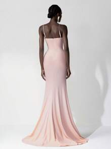 SHEIN Belle Elegant Shiny Sequin Splice Spaghetti Strap High-Waisted Fishtail Trailing Luxury Handwoven Faux Pearl Decor Evening Gown, Wedding Guest Dress, Party Dress, Formal Dress - Pink - View 3