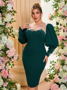 SHEIN Belle Plus Size Elegant Dark Green Vintage Puff Sleeve Long Sleeve Beaded Sheer Neck Midi Bodycon Evening Dress, Wedding Guest Dress, Party Dress, For Cocktail