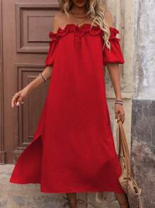 Breezaya Women's Fashionable Off Shoulder Ruffle Trim Slit Dress Maxi Vacation Beach Outfit - Red - View 3