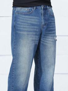 Manfinity EZcore Men's Medium Wash Denim Jeans: Long Zipper Fly Relaxed Fit With Distressed Detail - Medium Wash - View 6