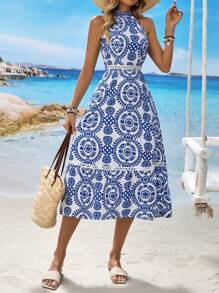 Breezaya Women's Vacation Plant Print Casual Halter Midi Dress
