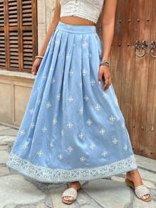 Breezaya 女士刺绣花朵褶皱 A 字裙 - 藍色 - 查看 3