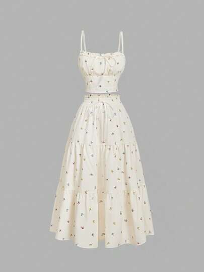 SHEIN MOD 两件套褶皱胸部碎花拼接吊带背心上衣和杏色层叠下摆半身裙套装，波西米亚风，适合音乐会、浪漫、夏季、节日、复古、优雅、度假、派对、飘逸、下午茶、端庄等场合，碎花女装套装