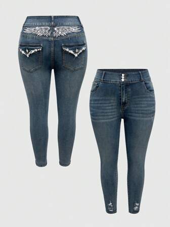 Grunge Punk Jeans informales de talla grande para mujer con rasgados y decoración bordada con alas de strass