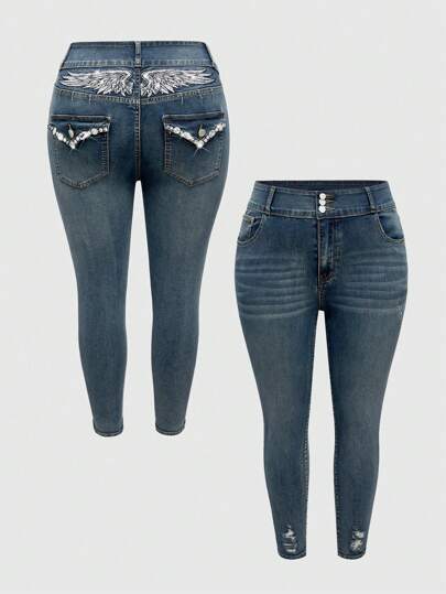 Grunge Punk Damen Große Größen Lässig zerrissene Jeans mit Strass bestickter Flügel Verzierung